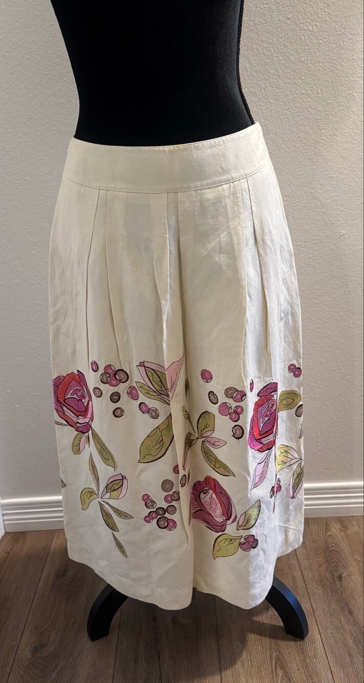 VTG Y2K Linea Cream Linen Embroidered Floral Midi Skirt Boho Cottage UK10 US6